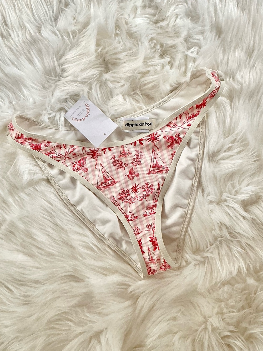 NWT Dippin' Daisy's Striped Pink & Red Tropical Sailboat Ribbed  Bikini Bottom
